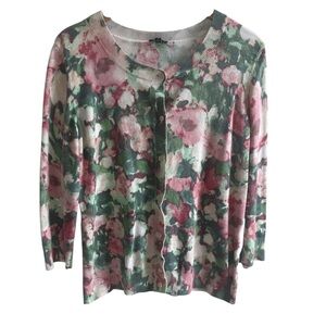 Talbots Floral Cardigan Sweater Women’s L Pink Green Button Front Lightweight